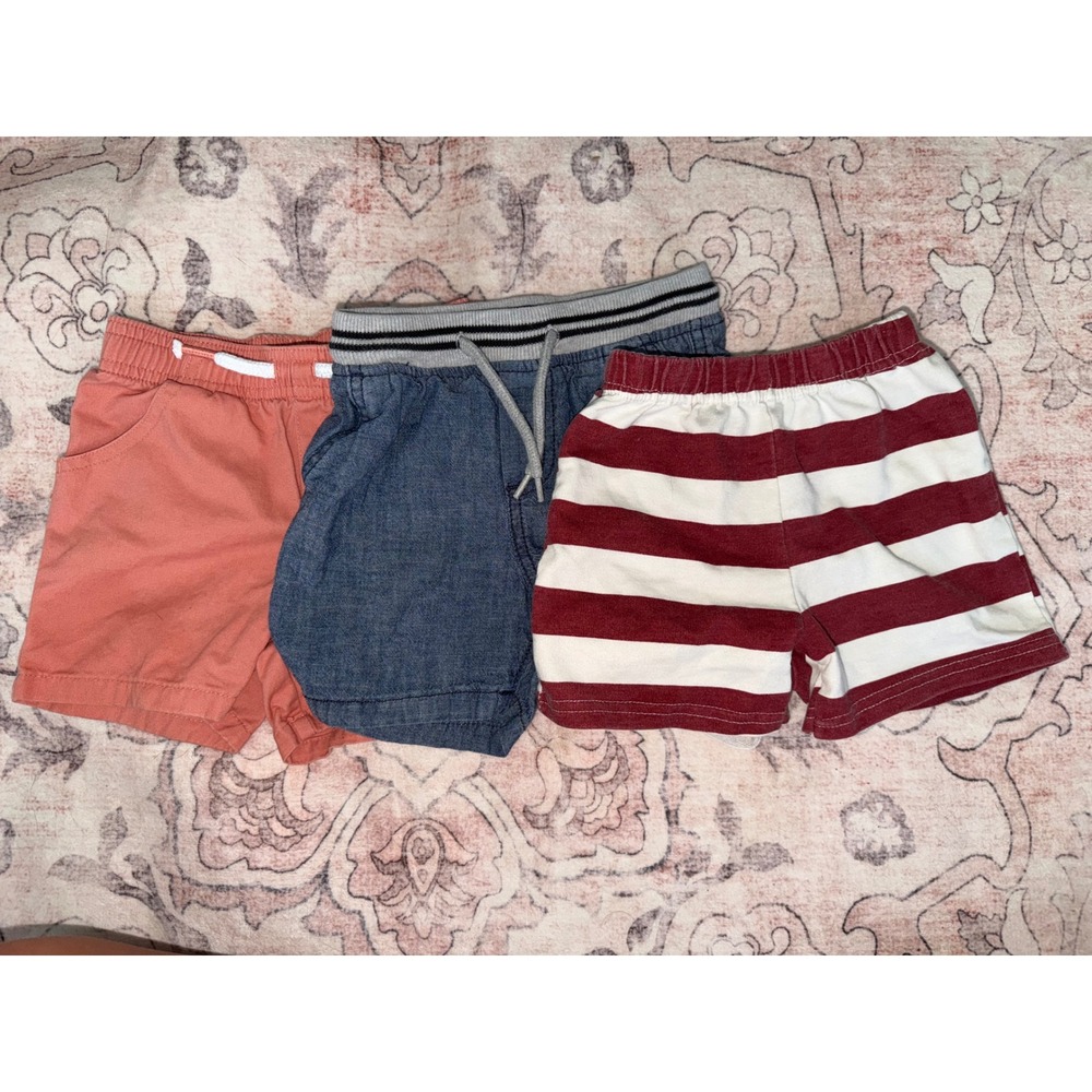 Carters Baby Boy Shorts Bundle 3 Pack Coral Blue Chambray Red White Striped 24M
